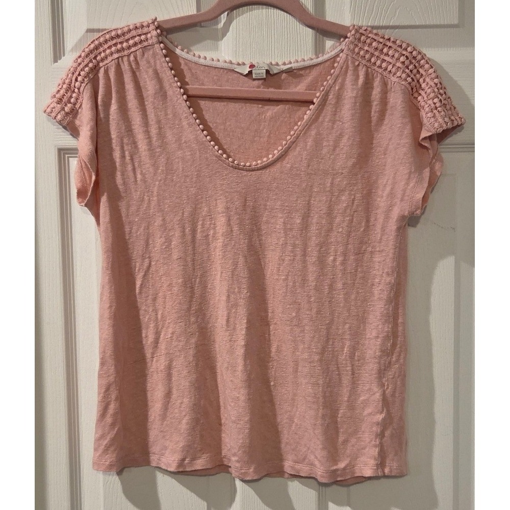 Boden Linen Top Womens 8 Blush Pink 100% Linen Pom Pom Trim Short Sleeve Tee